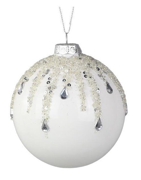 4" White Glass Ball Ornament with Teardrop Embellishments
