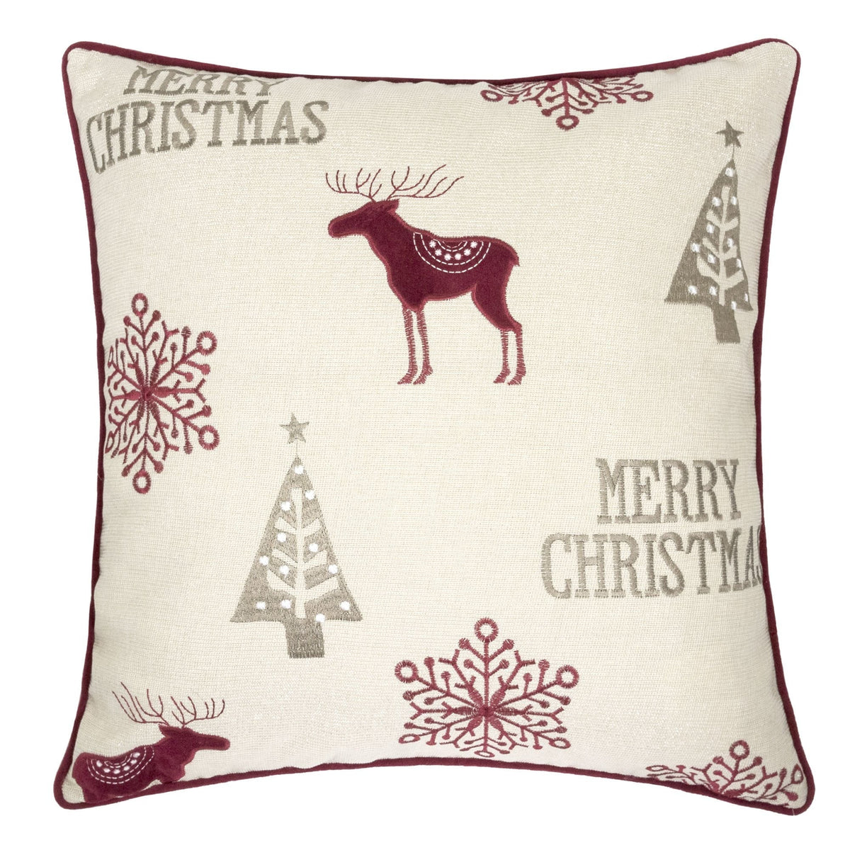 Merry Christmas Embroidered Poly Linen Throw Pillow with Festive Motifs - Red and Silver