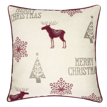 Merry Christmas Embroidered Poly Linen Throw Pillow with Festive Motifs - Red and Silver
