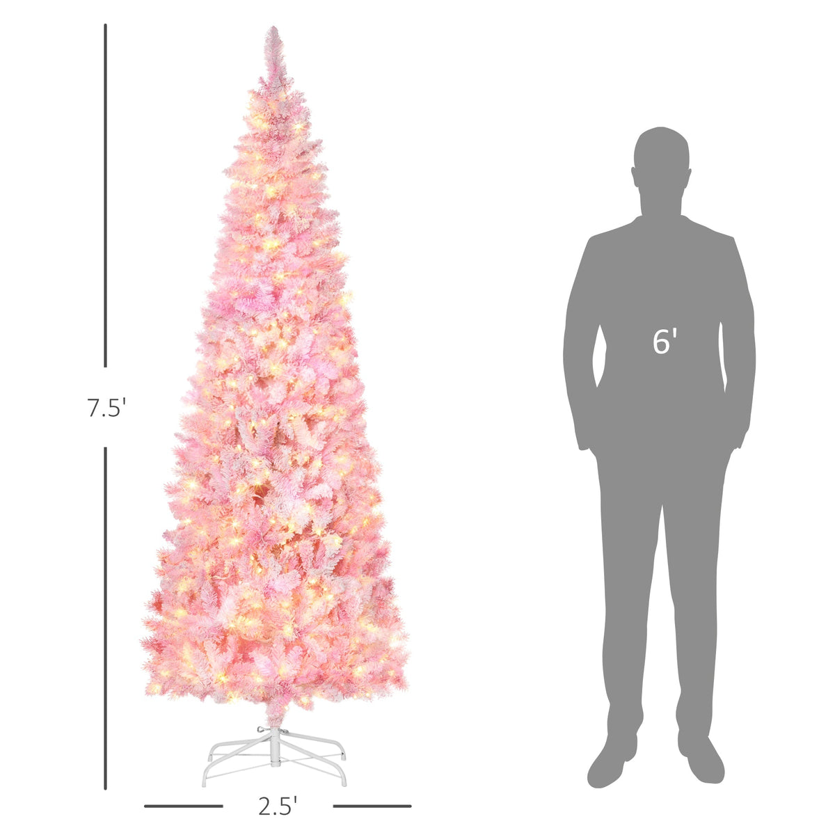 7.5-Foot Pink Prelit Snow-Flocked Pencil Christmas Tree
