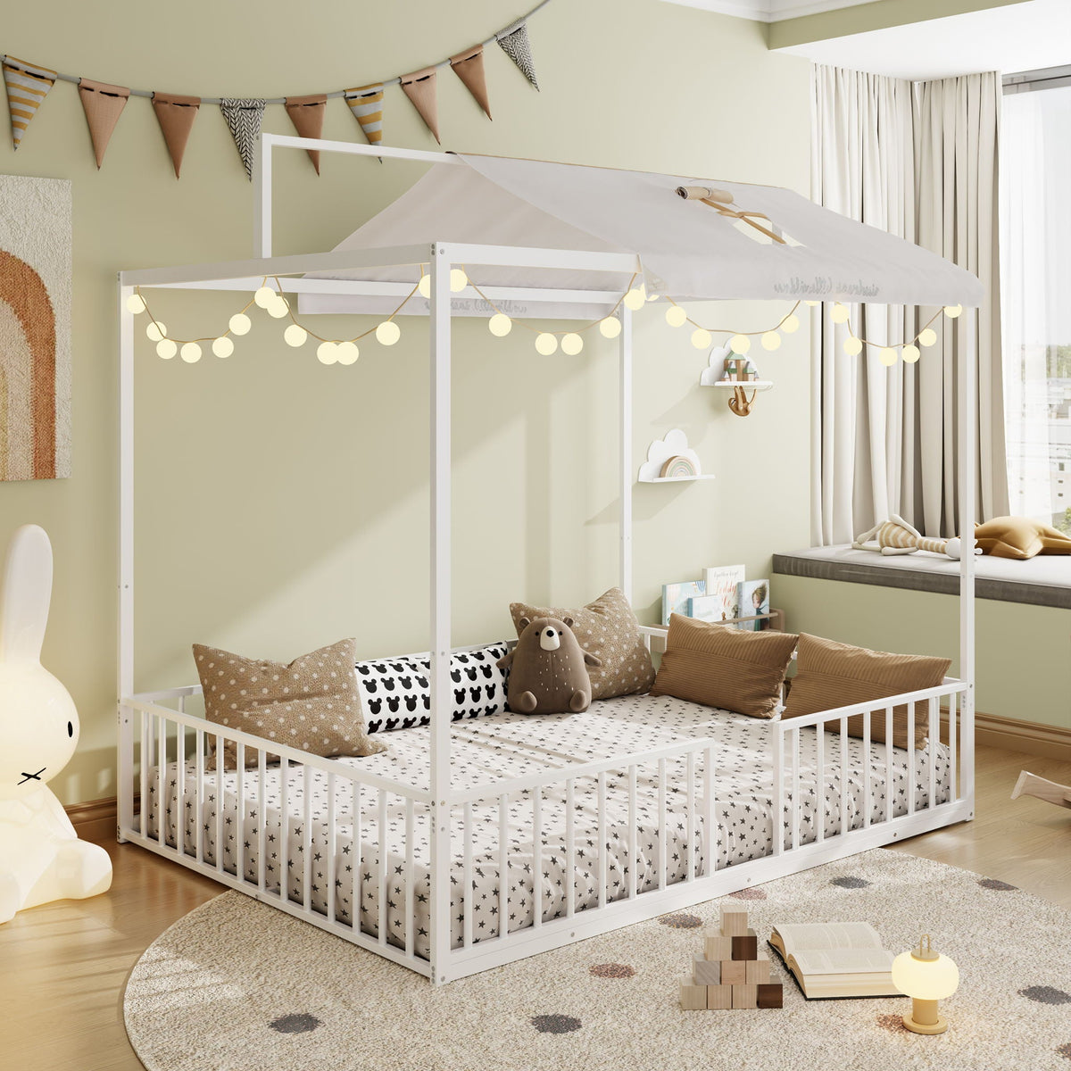3-in-1 Montessori Floor Bed with Fenced Support