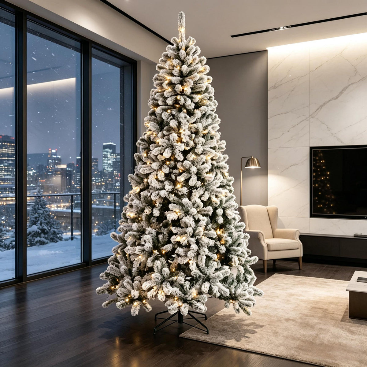 7.5 ft Pre-Lit Flocked Fraser Fir Artificial Christmas Tree with LED Lights - Green/White