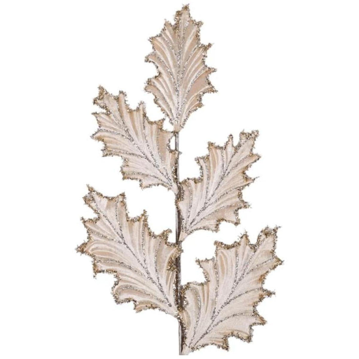 28" Tinsel Holly Leaf Spray: Champagne