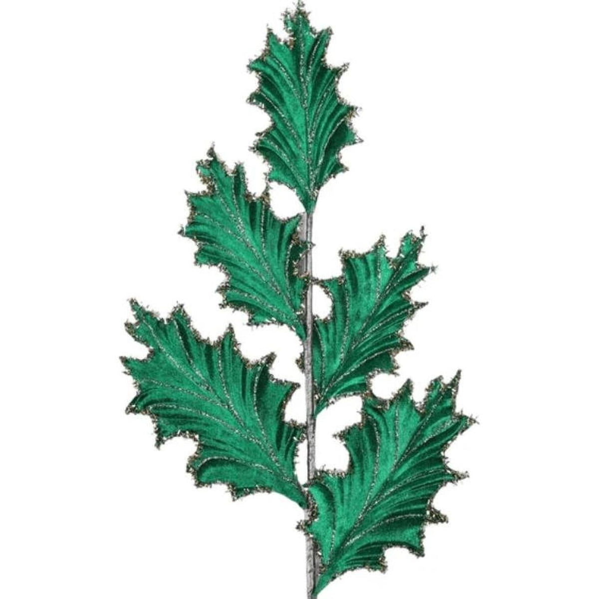 28" Tinsel Holly Leaf Spray: Emerald Green