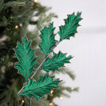 28" Tinsel Holly Leaf Spray: Emerald Green