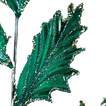 28" Tinsel Holly Leaf Spray: Emerald Green