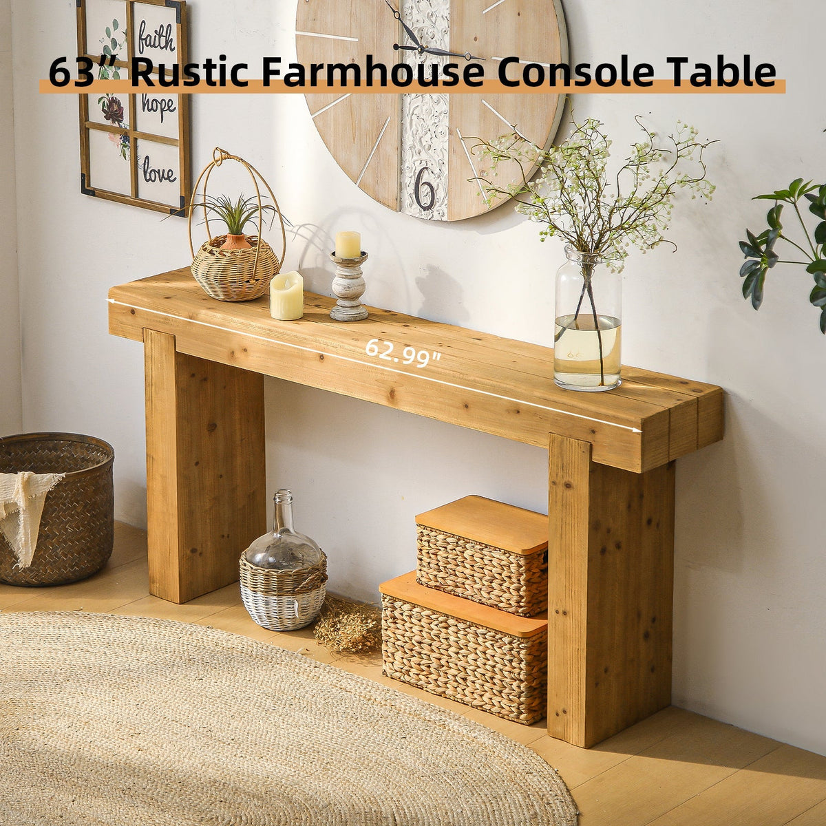 Solid Wood Console Table with Rustic Farmhouse Style – Natural Wood