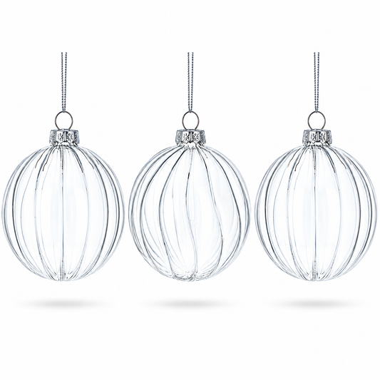 Elegant Set of 3 Striped Clear Glass Ball Christmas Ornaments 3.5 Inches