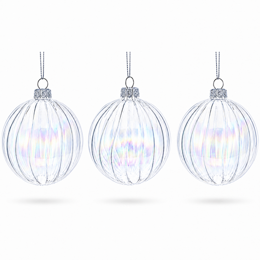 Set of 3 Iridescent Clear Glass Ball Christmas Ornaments 3.6 Inches
