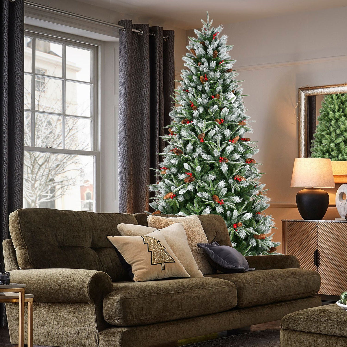 7.5-Foot Snow-Tipped Woodland Christmas Tree with Berries and Pine Cones - Green/White