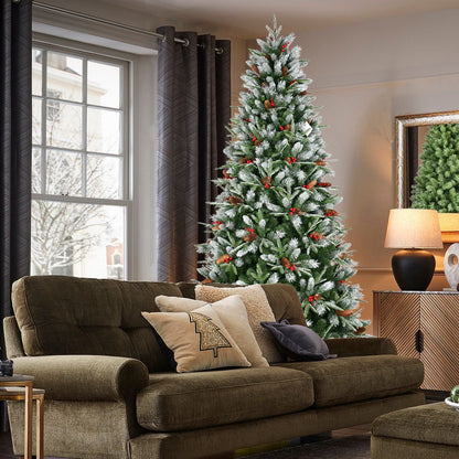 7.5-Foot Snow-Tipped Woodland Christmas Tree with Berries and Pine Cones - Green/White