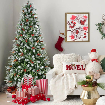 7.5-Foot Snow-Tipped Woodland Christmas Tree with Berries and Pine Cones - Green/White