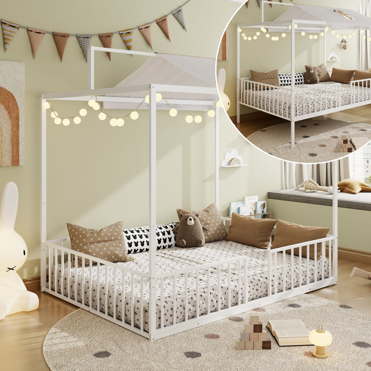 3-in-1 Montessori Floor Bed with Fenced Support