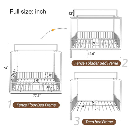 3-in-1 Montessori Floor Bed with Fenced Support