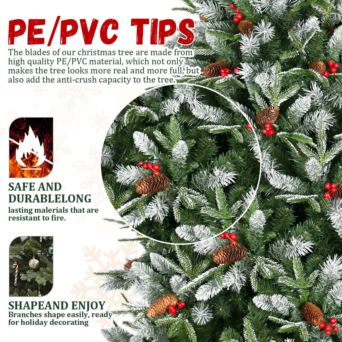 7.5-Foot Snow-Tipped Woodland Christmas Tree with Berries and Pine Cones - Green/White