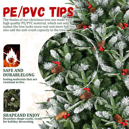 7.5-Foot Snow-Tipped Woodland Christmas Tree with Berries and Pine Cones - Green/White