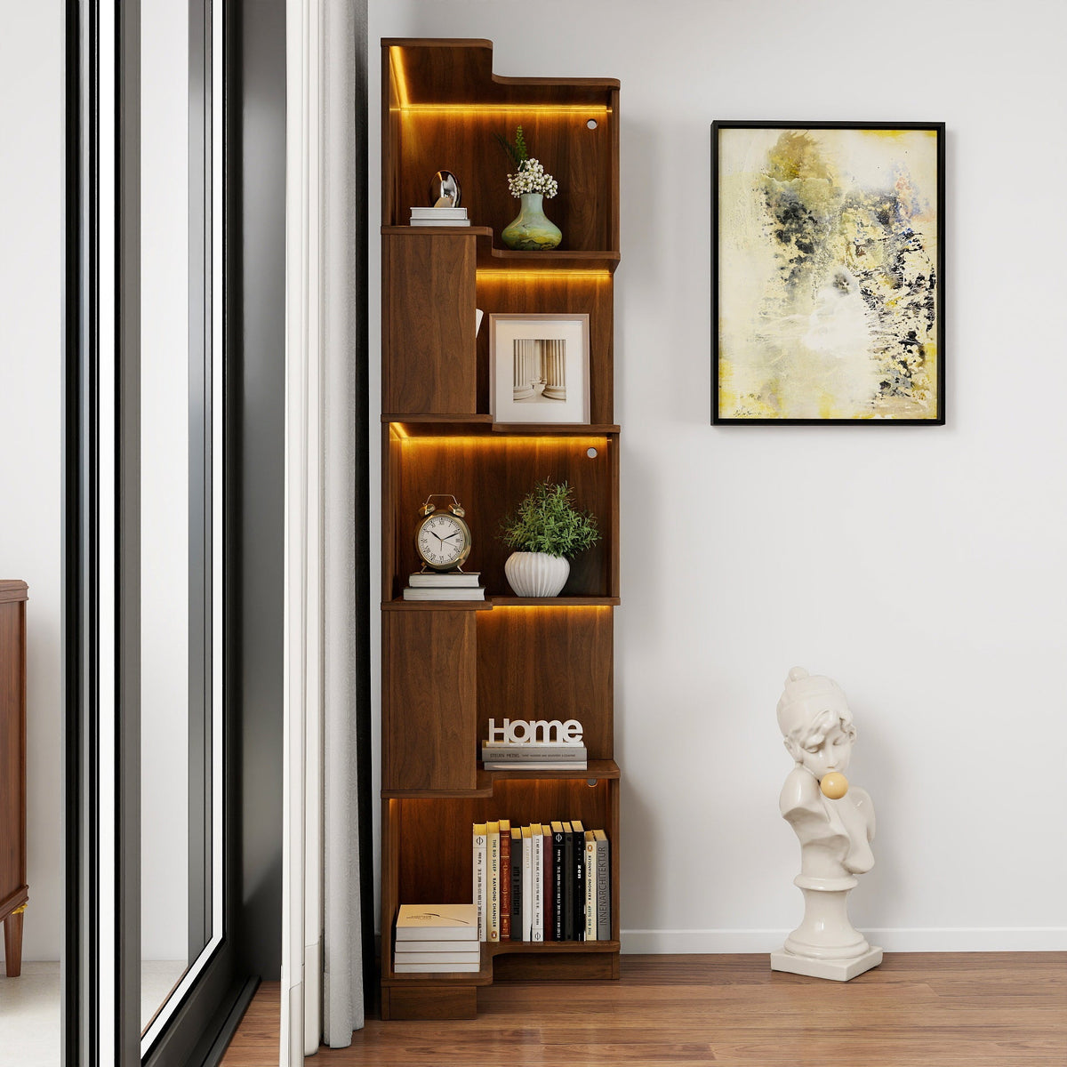 5 Tier Corner Book Shelf with Durable Melamine Finish - Neutral Wood