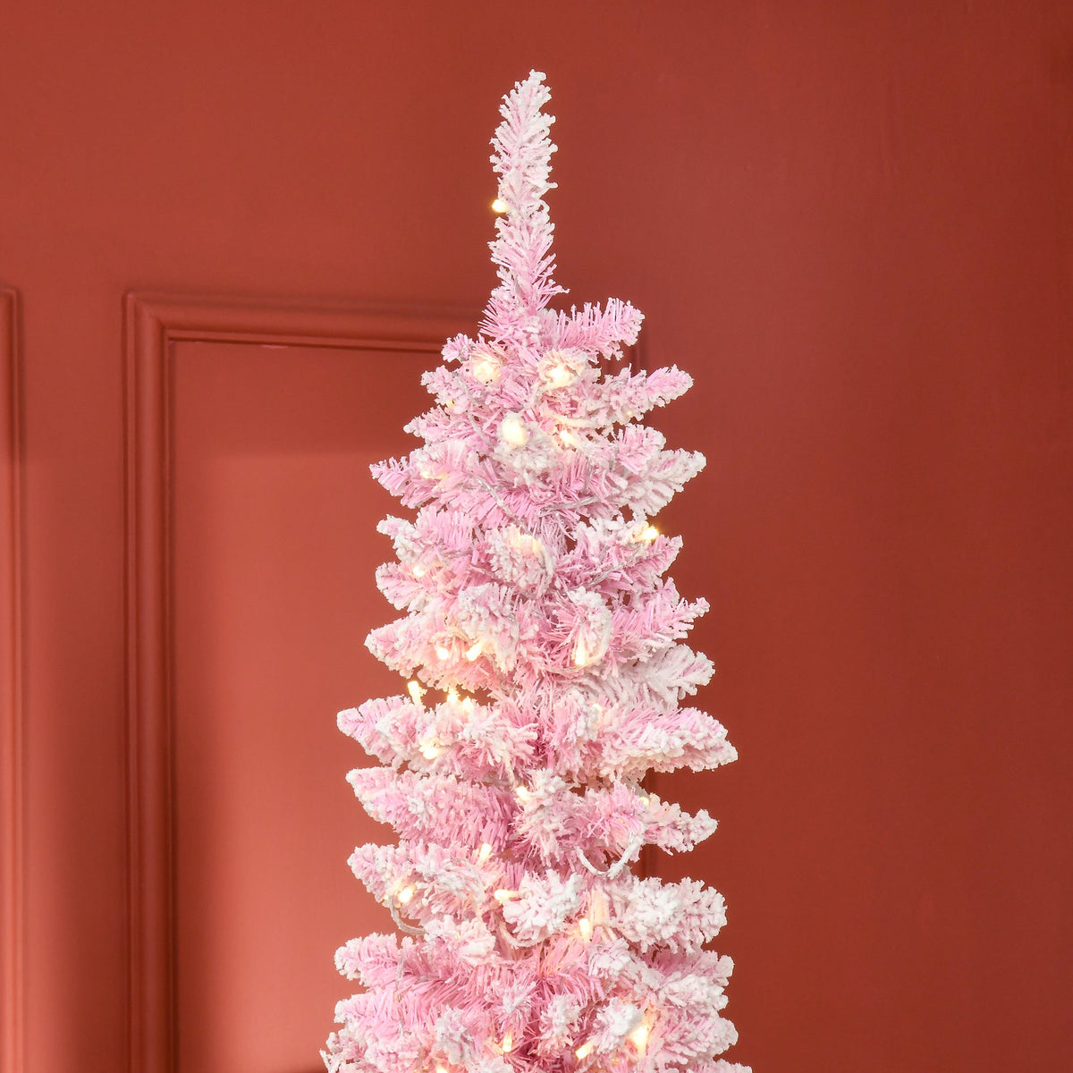 7.5-Foot Pink Prelit Snow-Flocked Pencil Christmas Tree