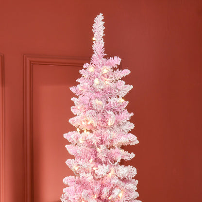 7.5-Foot Pink Prelit Snow-Flocked Pencil Christmas Tree