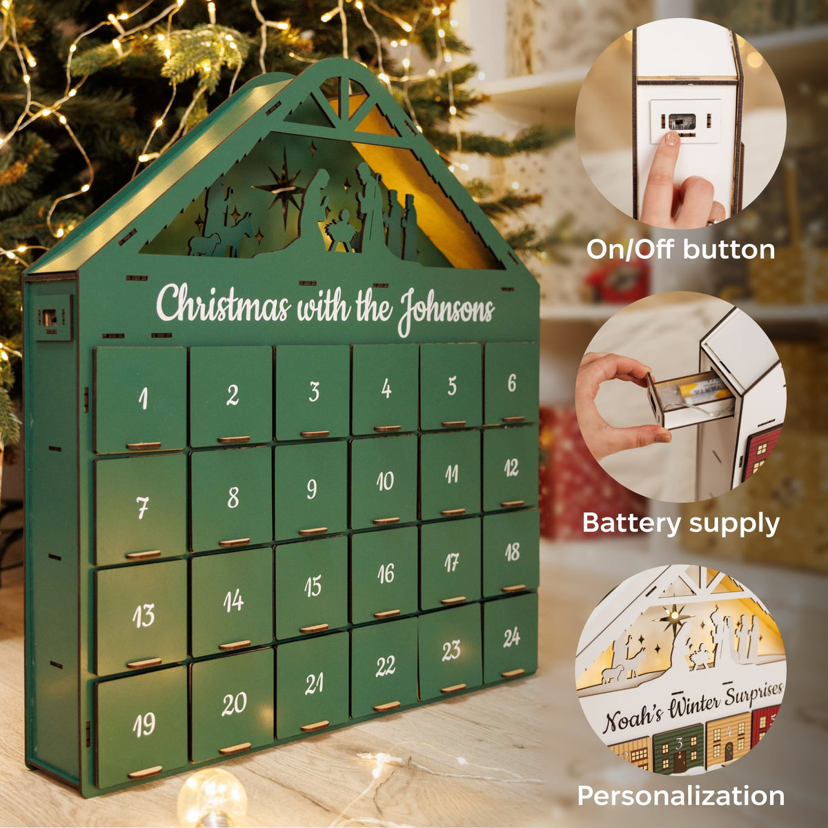 Green Wooden Christmas Advent Calendar – 24 Drawers