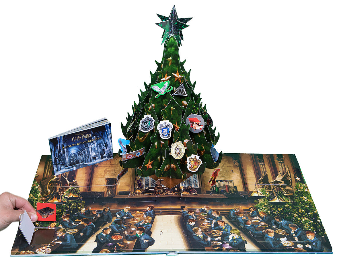 Hogwarts Christmas pop-up advent calendar opened showing the tree and Great Hall