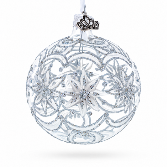 Frosted Silver Poinsettia Sparkle Glass Ball Christmas Ornament 3.25 Inches