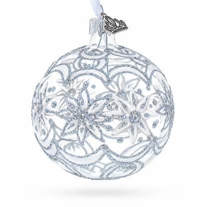 Frosted Silver Poinsettia Sparkle Glass Ball Christmas Ornament 3.25 Inches