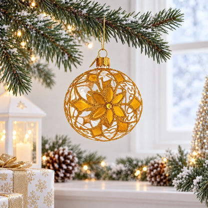 Jeweled White Filigree Flower Clear Glass Ball Christmas Ornament