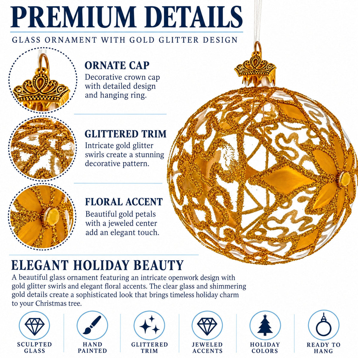 Jeweled White Filigree Flower Clear Glass Ball Christmas Ornament