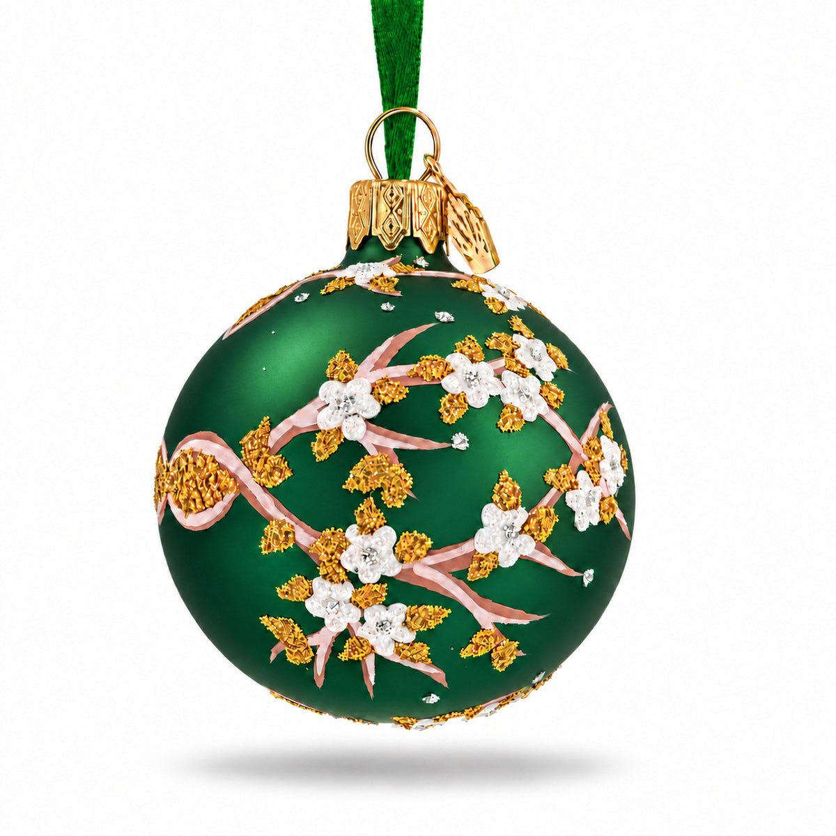 Green Floral Glitter Glass Egg Christmas Ornament