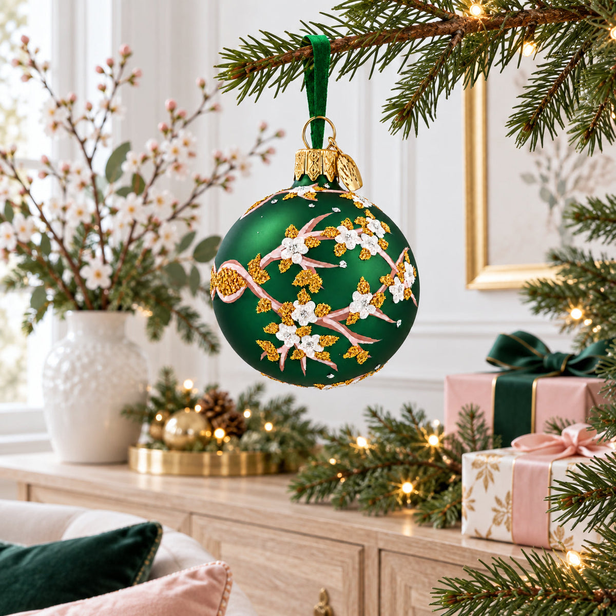 Green Floral Glitter Glass Egg Christmas Ornament
