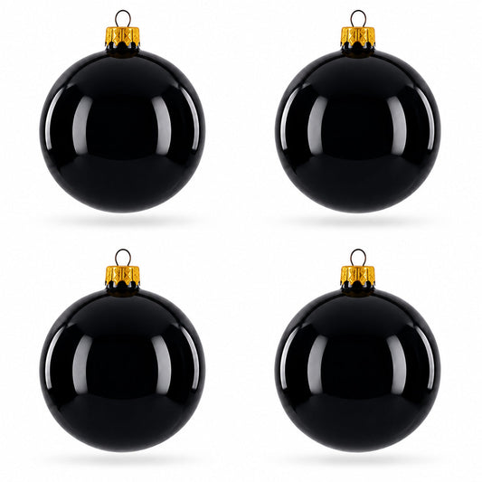 Set of 4 Glossy Black Glass Ball Christmas Ornaments 4 Inches (003)