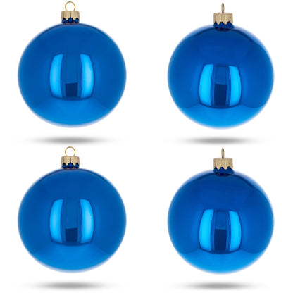 Set of 4 Glossy Blue Glass Ball Christmas Ornaments 4 Inches (007)
