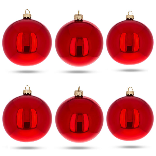Set of 6 Red Glossy Glass Ball Christmas Ornaments 3.25 Inches (039)
