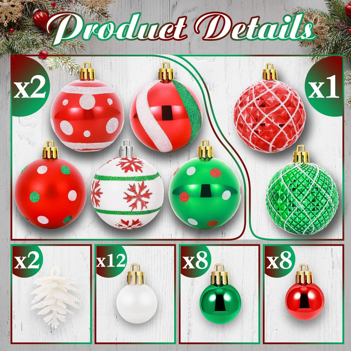42 Pc Christmas Tree Balls Ornaments Glitter 2.36" & 1.18" Red Green White