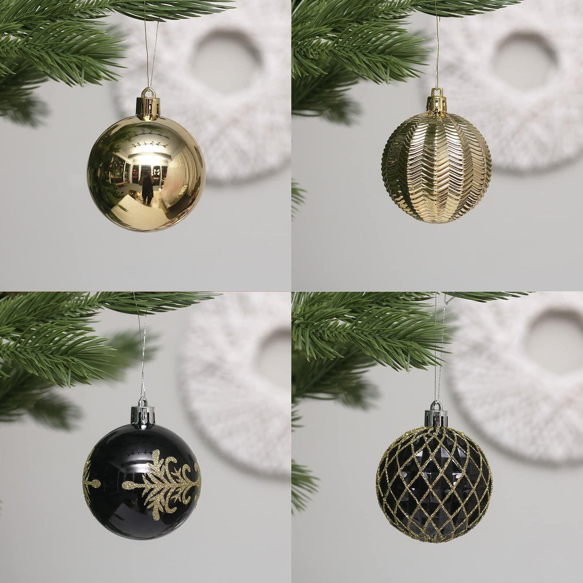 RoseCraft 60mm Hand-Printed Christmas Ball Ornaments Set 24PCS Black/Gold