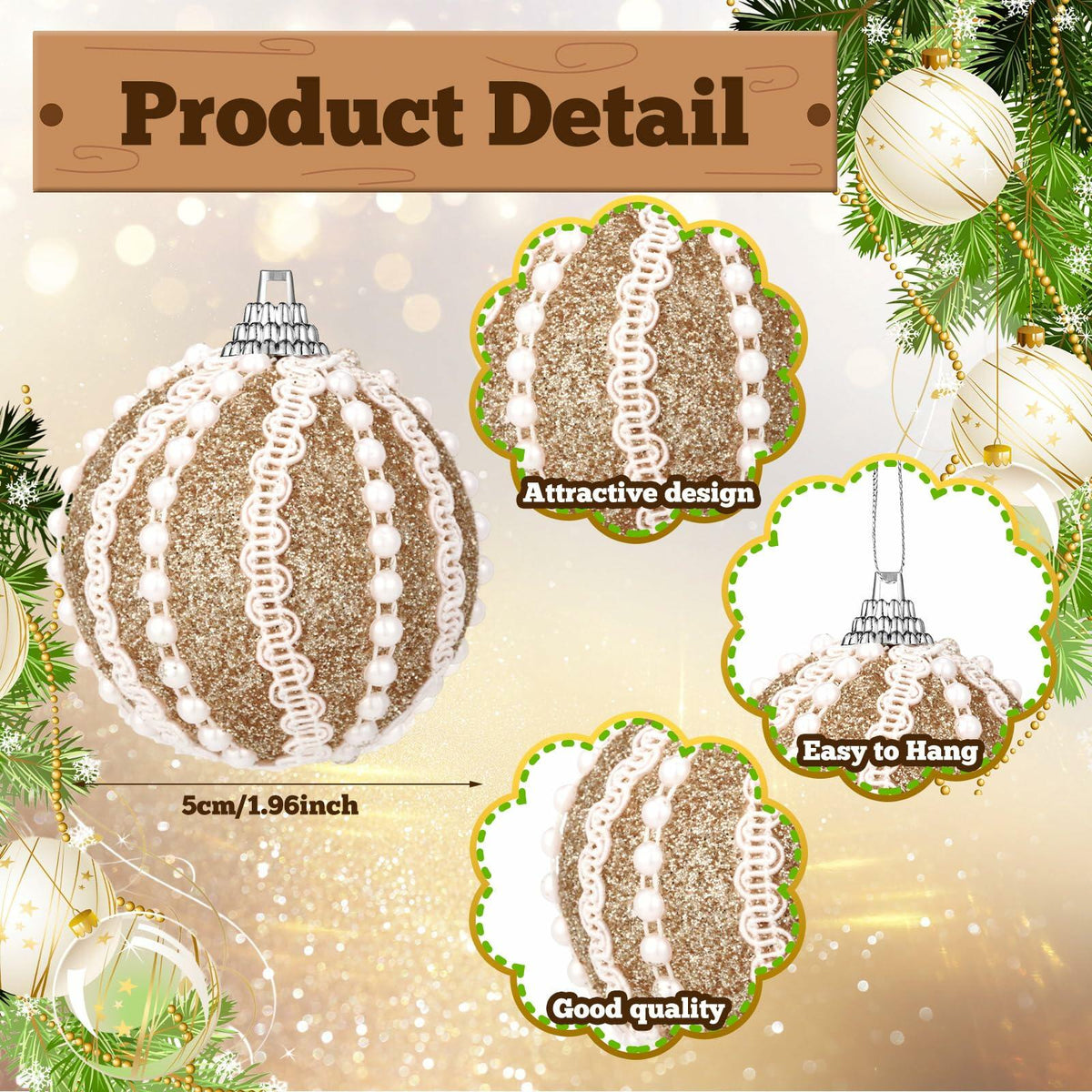 Civaner 16 Pcs Christmas Ball Ornaments Pearl Champagne Sequin Shatterproof