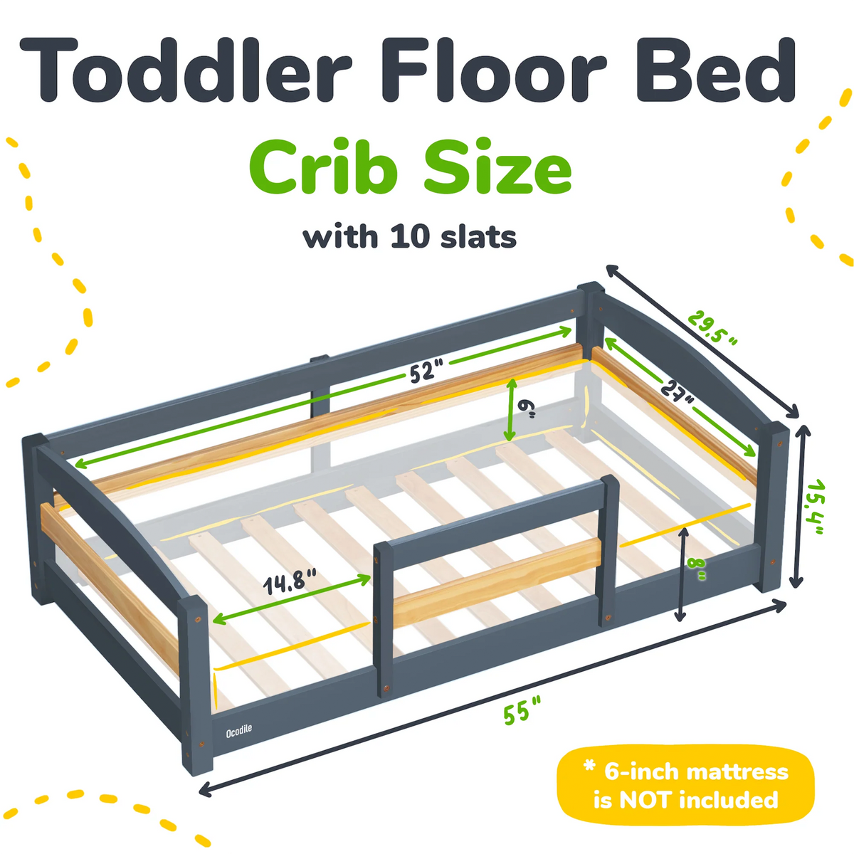 Crib-Size Wooden Floor Bed with Safety Rails