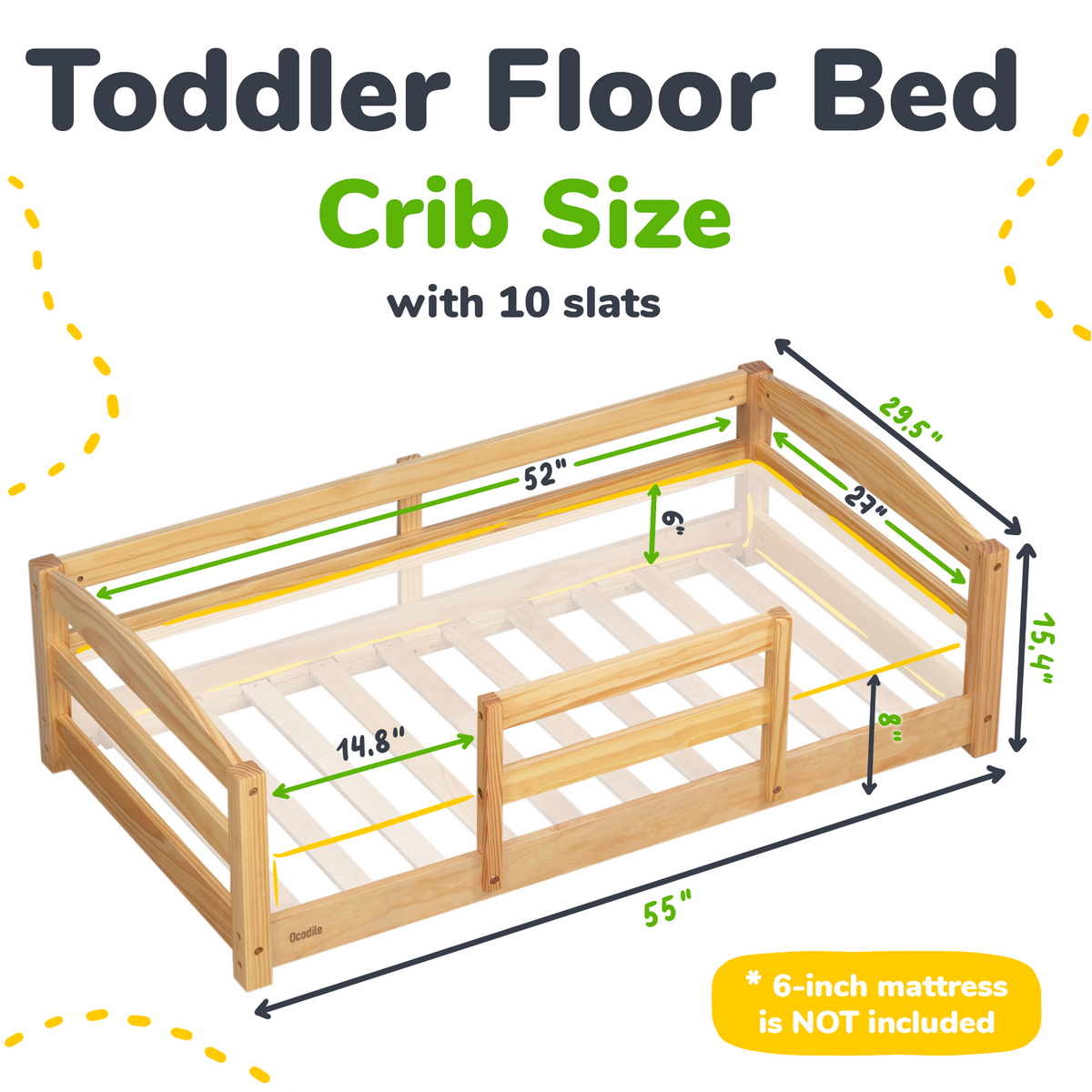 Crib-Size Wooden Floor Bed with Safety Rails