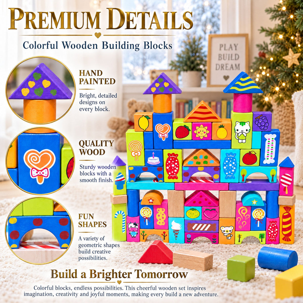 Set of 90 Colorful Wooden Building Blocks Educational Stacking Toy Castle