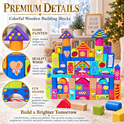 Set of 90 Colorful Wooden Building Blocks Educational Stacking Toy Castle