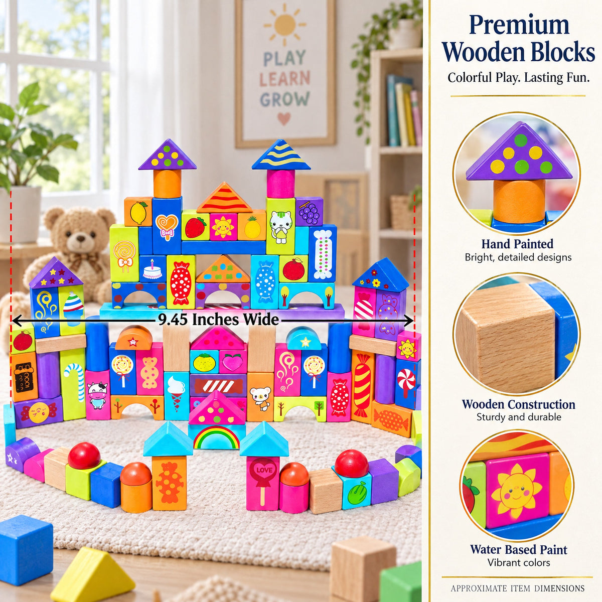 Set of 90 Colorful Wooden Building Blocks Educational Stacking Toy Castle
