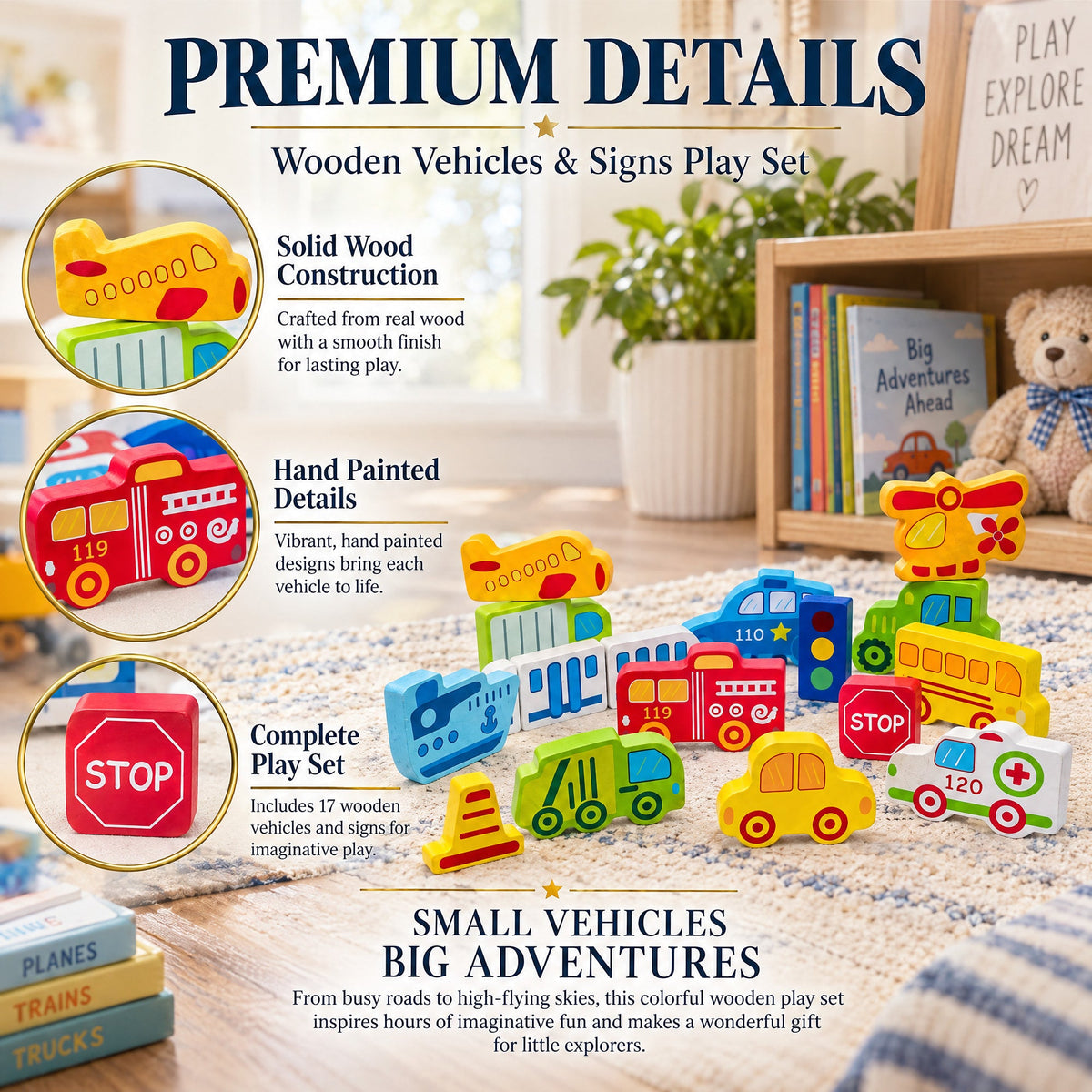 Cars, Ship, Plane, Helicopter and Sign Learning Wooden Blocks Puzzle