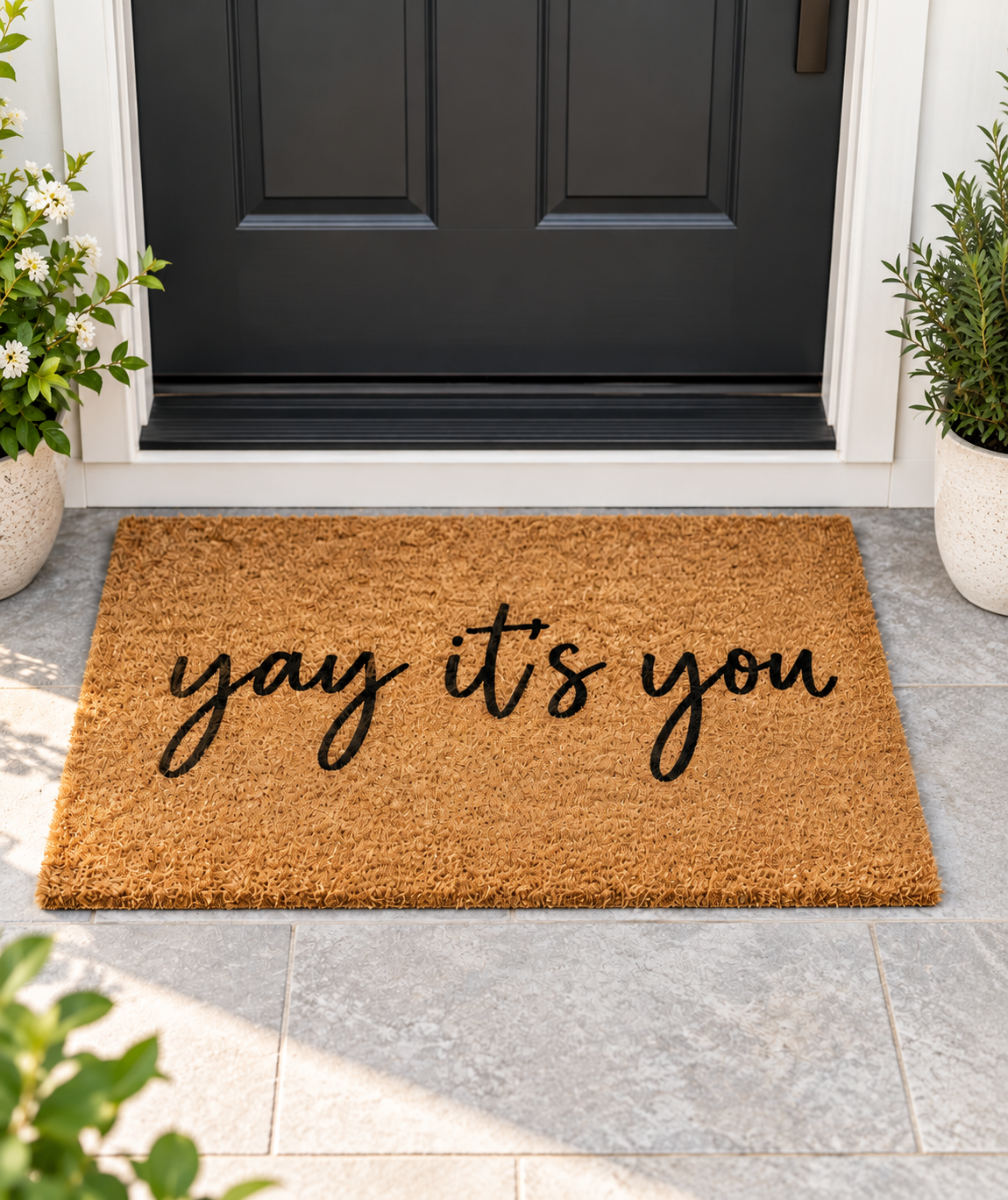 Yay It's You coir welcome doormat shown fully at a front entry with no chair